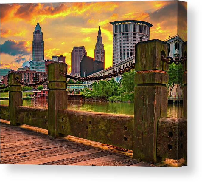 Cleveland Skyline Canvas Print featuring the photograph Cleveland Ohio Skyline Sunrise From The Riverfront by Gregory Ballos