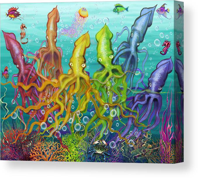 Squid Canvas Print featuring the digital art Colorful Calamari by Kevin Middleton