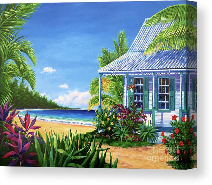 Cottage Canvas Print featuring the painting Cottage on the Beach 17x23 by John Clark