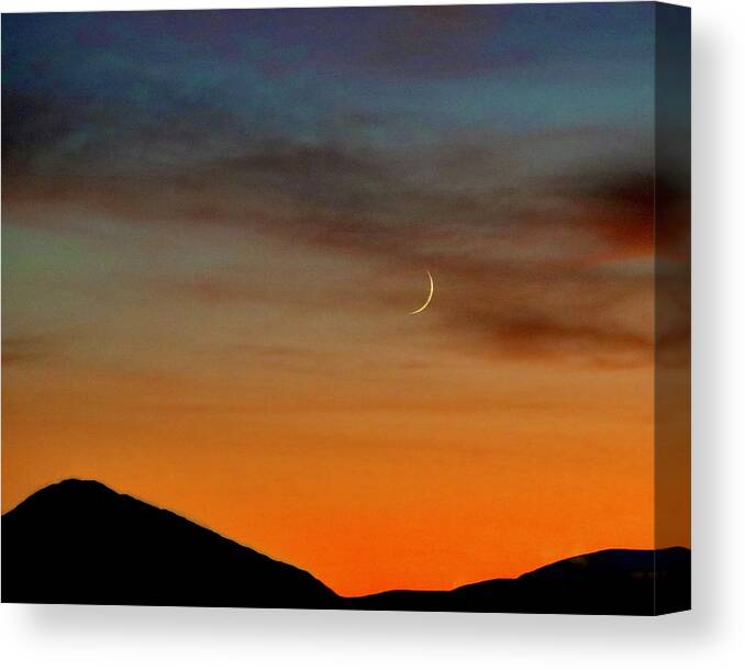 Moon Canvas Print featuring the photograph Crescent Moon at Sunset by Sarah Lilja