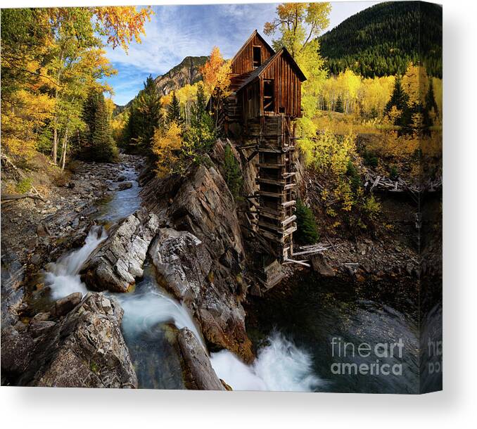 Autumn Canvas Print featuring the photograph Crystal Mill in Colorado Rockies with Brilliant Yellow Aspen Trees in Autumn by Tom Schwabel