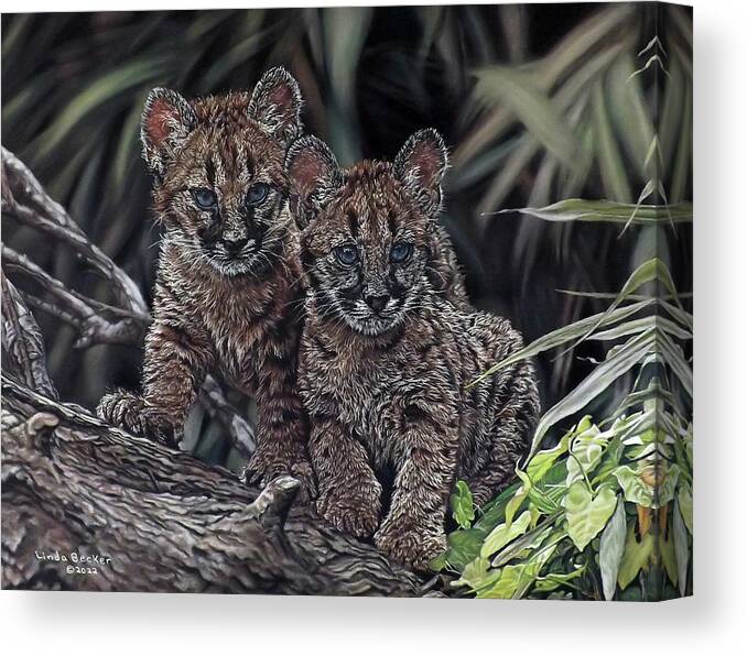 Animal Canvas Print featuring the painting Curious Cubs by Linda Becker