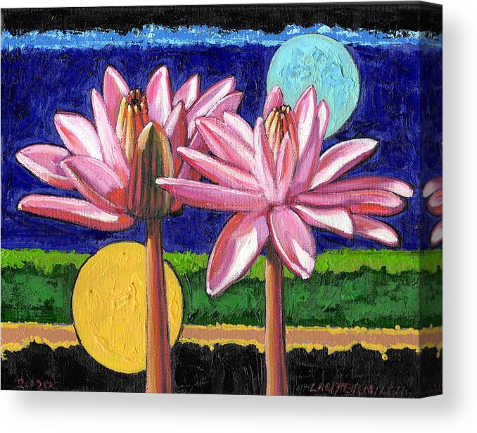 Water Lilies Canvas Print featuring the painting Day and Night Beauty by John Lautermilch