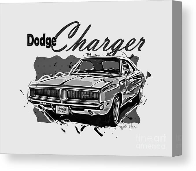 Dodge Canvas Print featuring the mixed media Dodge Charger American Muscle Car BW by Walter Herrit