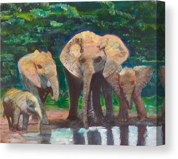 Elephant Canvas Print featuring the painting Elephant Family Watering by Sherry Killam