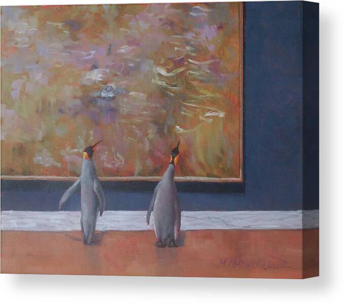 Emperor Penguins Canvas Print featuring the painting Emperors Enjoy Monet by Marguerite Chadwick-Juner