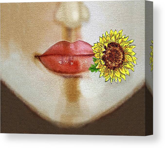 Face Mask Canvas Print featuring the painting Face With Lips Nose And Sunflower Flower Watercolor by Irina Sztukowski