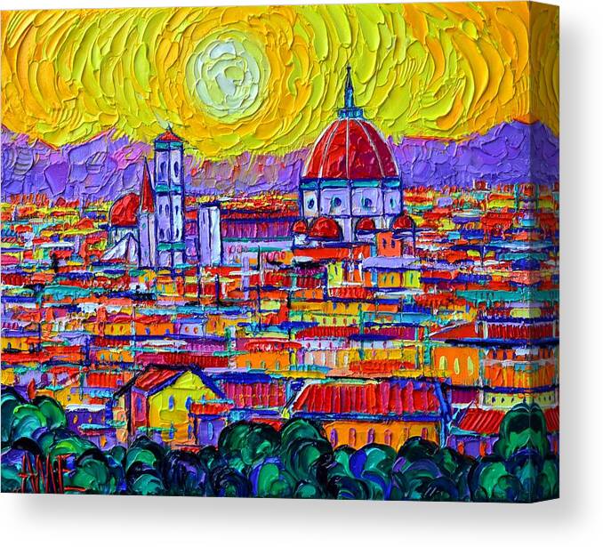 Abstract Cityscape Canvas Print featuring the painting FLORENCE SUNSET OVER DUOMO FROM PIAZZALE MICHELANGELO abstract cityscape painting Ana Maria Edulescu by Ana Maria Edulescu
