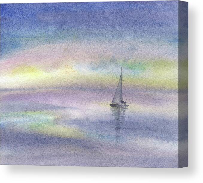 Sea Boat In The Ocean Canvas Print featuring the painting Foggy Glowing Morning Boat Floating In The Sea by Irina Sztukowski