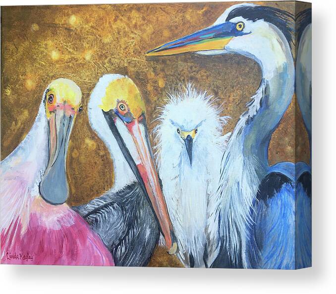 Birds Canvas Print featuring the painting Four Feathered Friends by Linda Kegley