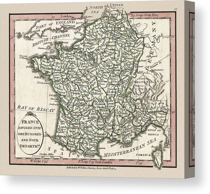 France Canvas Print featuring the photograph France and 104 Departments 1804 Map by Phil Cardamone