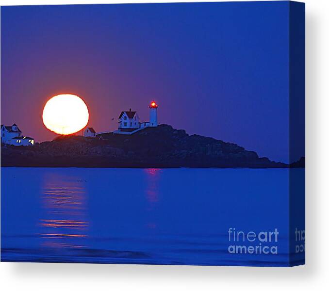 Cape Neddick Lighthouse Canvas Print featuring the photograph Full Moon Over the Nubble by Steve Brown