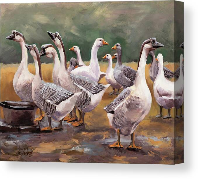 Geese Canvas Print featuring the painting Gaggle by the Water Bucket by Jordan Henderson