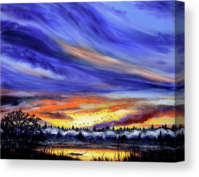Corvallis Canvas Print featuring the painting Geese Over a Wetlands Pond at Sunrise by Laura Iverson