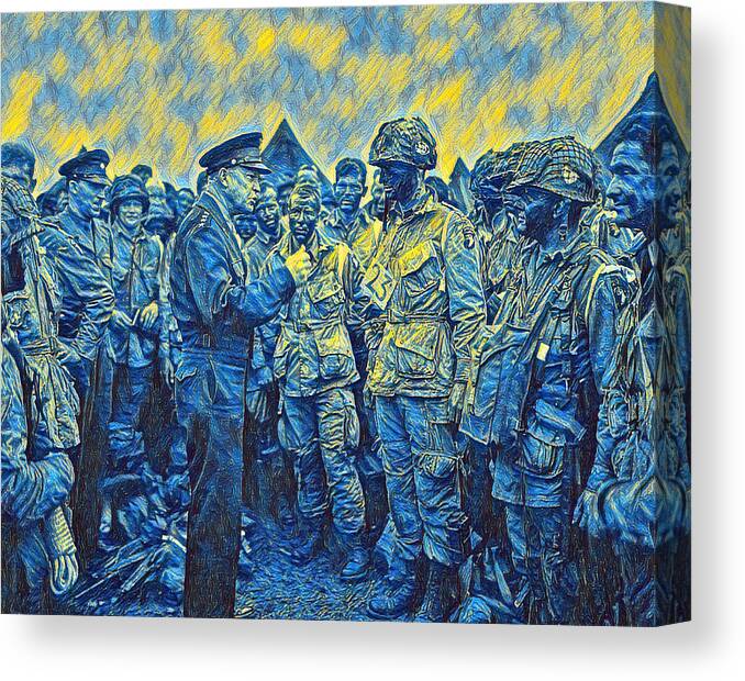 101st Airborne Division Canvas Print featuring the painting General Eisenhower Speaking With Airborne Troops Before D-Day by War Is Hell Store