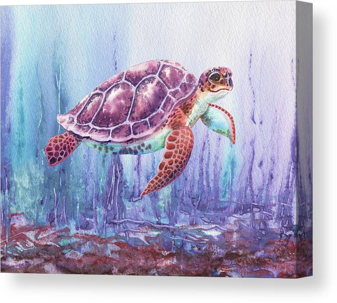 Sea Turtle Painting Colorful Under Water Beach Sand Eggs Long Life Beauty Wildlife Nature Swim Float Bubbles Sun Rays Reflect Swimming Fins Scales Beach Life Canvas Print featuring the painting Giant Baby Turtle Under The Purple Sea Watercolor by Irina Sztukowski