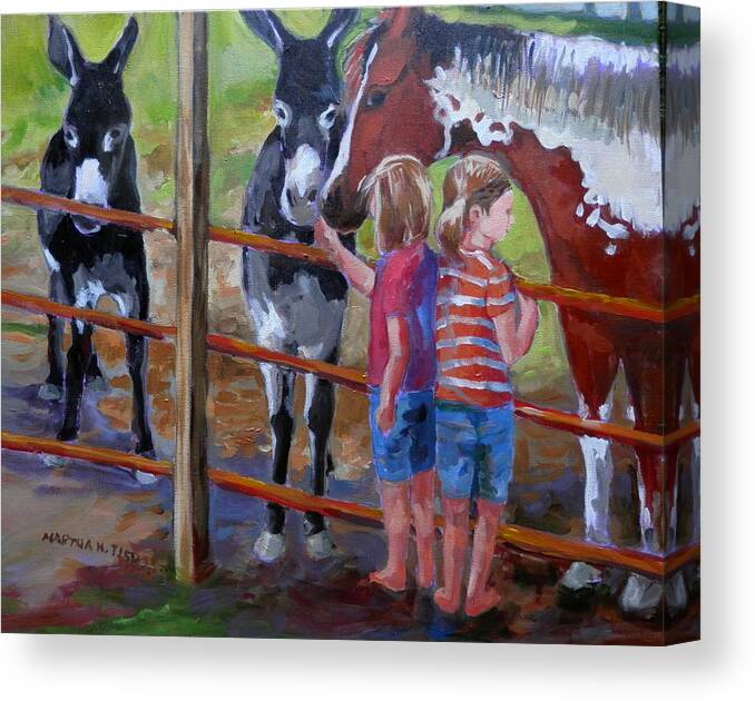Horse Canvas Print featuring the painting Girls with Horse and Donkdys by Martha Tisdale