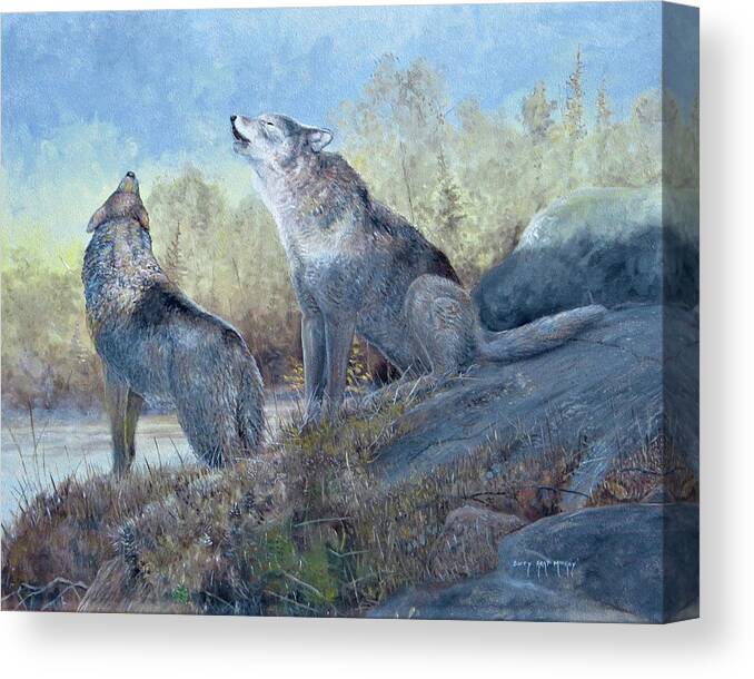 Wolf Canvas Print featuring the painting Grey Wolves Howling by Barry Kent MacKay