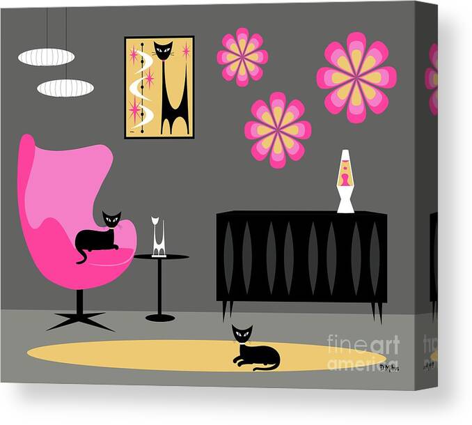 Mid Century Cat Canvas Print featuring the digital art Groovy Pink Yellow and Gray Room by Donna Mibus