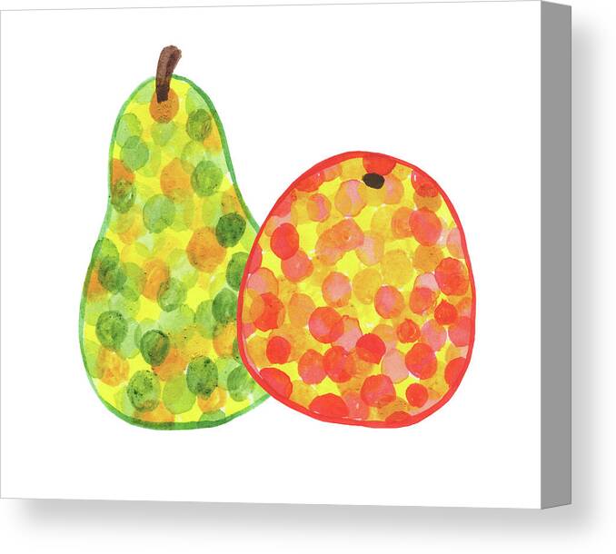 Apple Pear Canvas Print featuring the painting Happy Pair An Apple And Pear Watercolor Art I by Irina Sztukowski