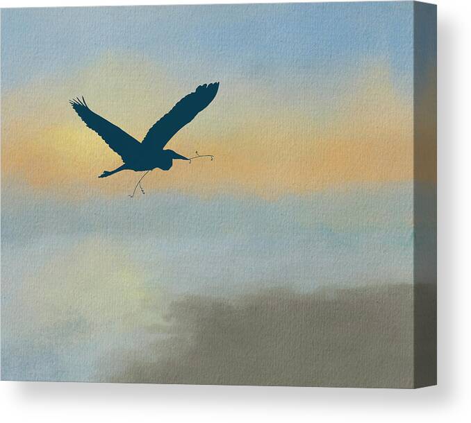 Great Blue Heron Canvas Print featuring the mixed media Heron Silhouette Flight on Watercolor Background by Patti Deters