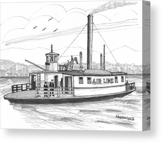 Airline Ferry Boat Canvas Print featuring the drawing Hudson River Steam Ferry Boat Airline by Richard Wambach