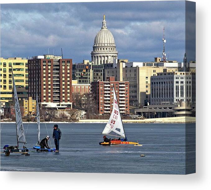 Ice Boats Canvas Print featuring the photograph Ice boats and Capitol, Madison, Wisconsin 2 by Steven Ralser