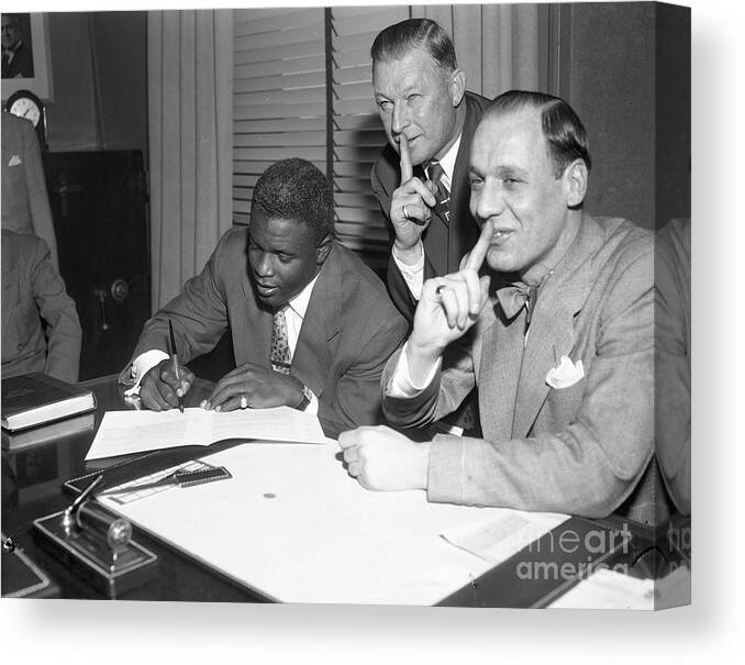 1950-1959 Canvas Print featuring the photograph Jackie Robinson and Leo Durocher by Transcendental Graphics