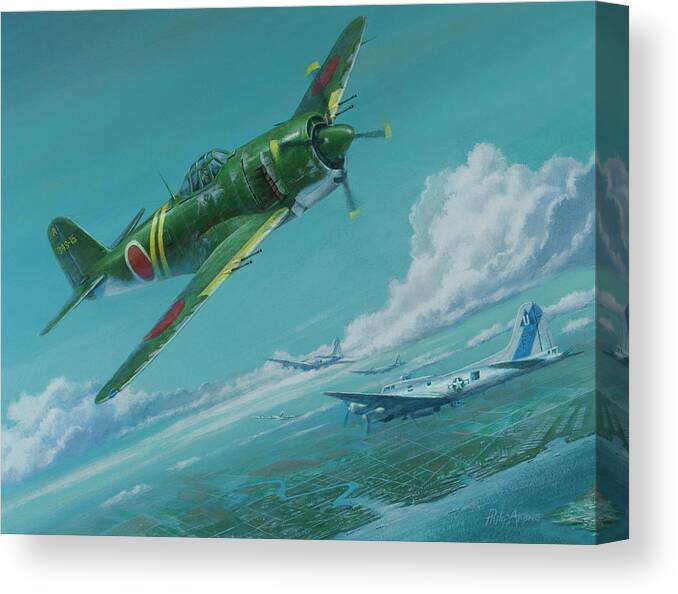 Shiden Canvas Print featuring the painting Japanese Shiden-Kai George fighter plane defending Japanese homeland by Philip Arena