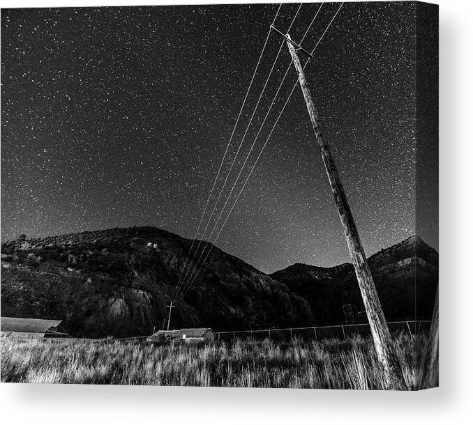 Jerome Canvas Print featuring the photograph Jerome Arizona Ghost Town Starry Skies Mining Town Black and White by Toby McGuire