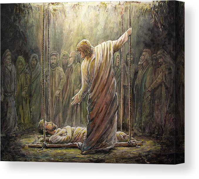 Jesus Canvas Print featuring the painting Jesus Heals a Paralyzed Man by Aaron Spong