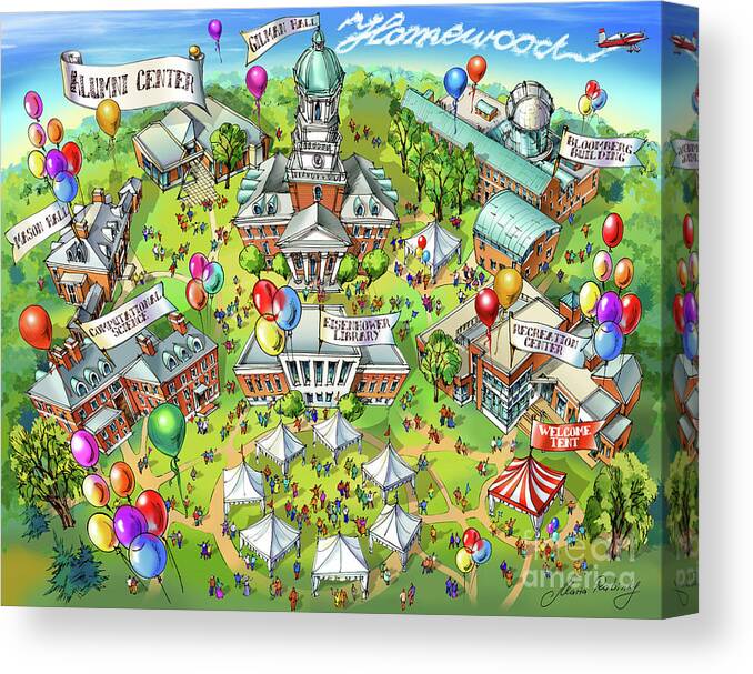 Johns Hopkins University Canvas Print featuring the digital art JHU Homewood Map Illustration by Maria Rabinky