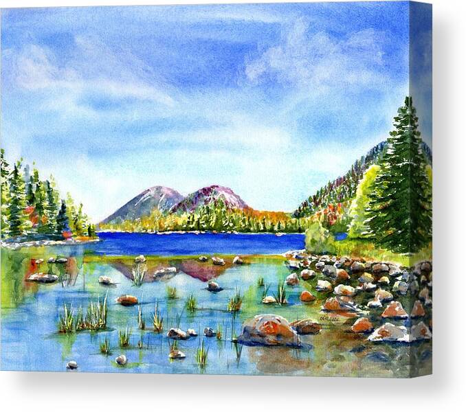 Acadia National Park Canvas Print featuring the painting Jordan Pond and The Bubbles by Carlin Blahnik CarlinArtWatercolor