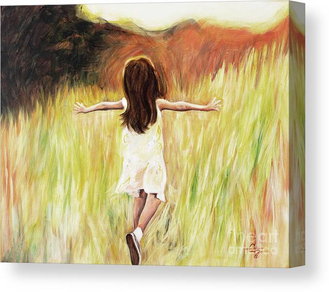 Joy Girl Running Field Sunshine Happy Joyful Peaceful Daughter Free Canvas Print featuring the painting Joy by Pamela Schwartz
