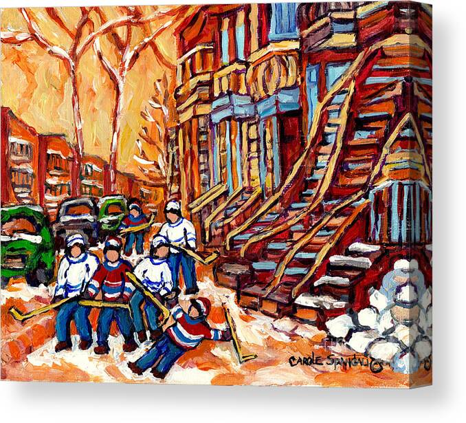 Montreal Canvas Print featuring the painting Kids Street Hockey Art Montreal Winter Scenes Colorful Winding Staircases C Spandau Canadian Artist by Carole Spandau