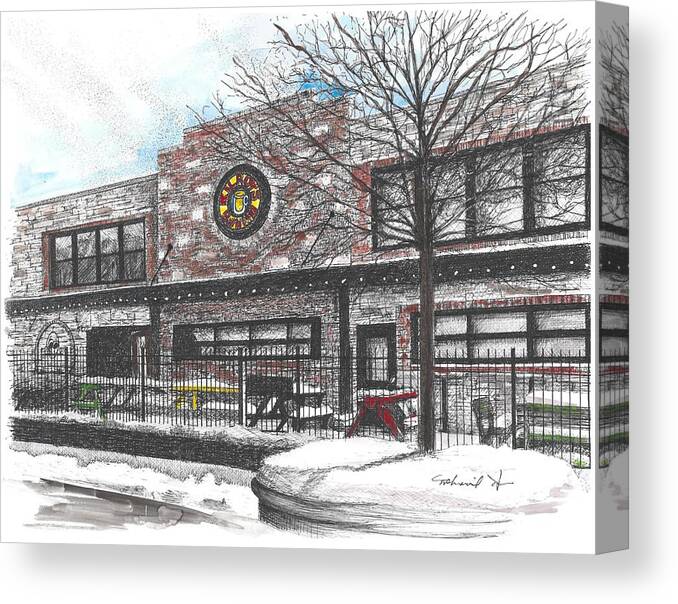 Iu Canvas Print featuring the drawing Kilroy's on Kirkwood, color by Stephanie Huber