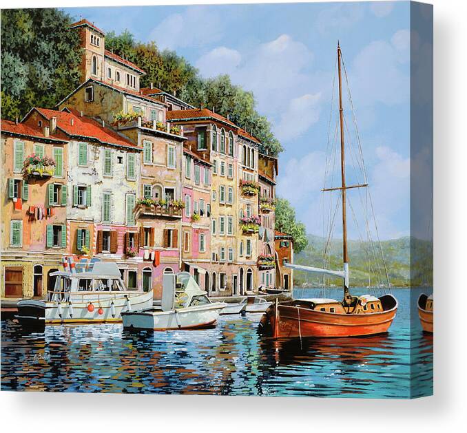 Landscape Canvas Print featuring the painting la barca rossa a Portofino by Guido Borelli