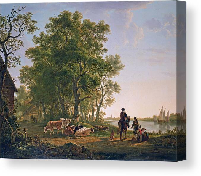 Jacob Van Strij Canvas Print featuring the painting Landscape with trees and cattle, Dordrecht in the background by Jacob van Strij