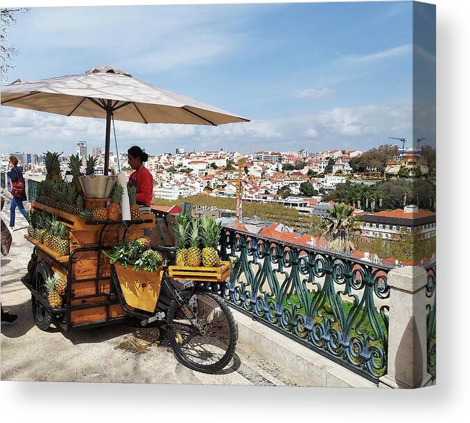 Umbrella Canvas Print featuring the digital art Lisbon Pineapple Stand With Bicycle And Umbrella Historical Downtown View by Irina Sztukowski