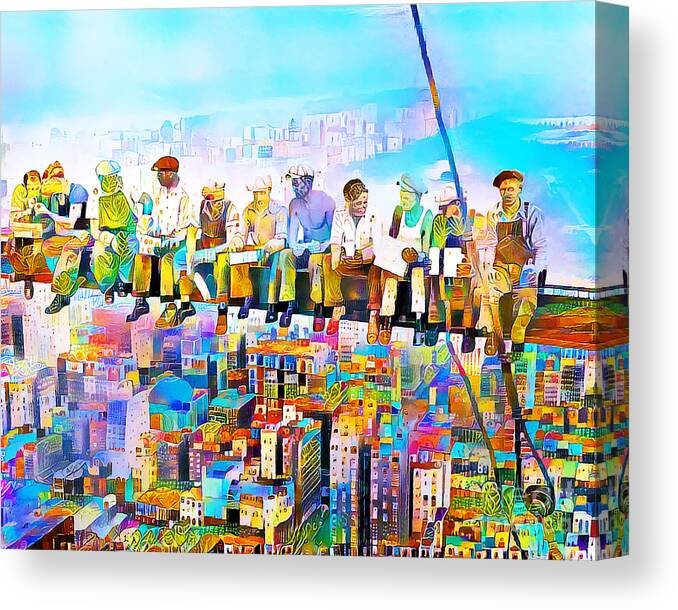 Wingsdomain Canvas Print featuring the photograph Lunch Atop a Skyscraper by Lewis Hines Revisited in Bright Vibrant Color Motif 20200504 by Wingsdomain Art and Photography