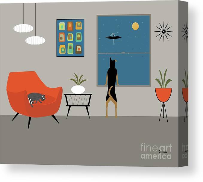 Mid Century Room Scene Canvas Print featuring the digital art Macki and Raccoon Friend by Donna Mibus