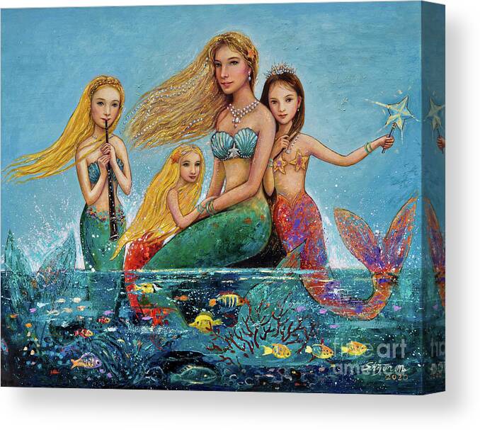 Mermaid Canvas Print featuring the painting Mermaid Family by Shijun Munns