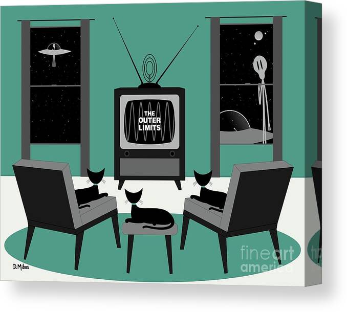 Mid Century Cat Canvas Print featuring the digital art Mid Century Cats Watch Outer Limits by Donna Mibus