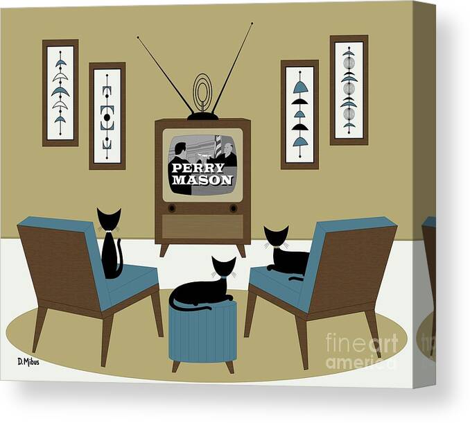 Mid Century Cat Canvas Print featuring the digital art Mid Century Cats Watch Perry Mason Beige by Donna Mibus