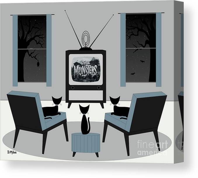 Cats Watch Tv Canvas Print featuring the digital art Mid Century Cats Watch the Munsters by Donna Mibus