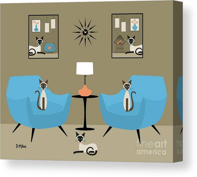 Siamese Cat Canvas Print featuring the digital art Mid Century Room with Siamese Cats by Donna Mibus
