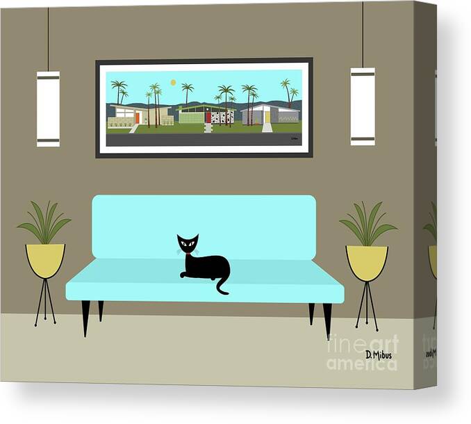 Mid Century Cat Canvas Print featuring the digital art Mini Mid Century Neighborhood by Donna Mibus