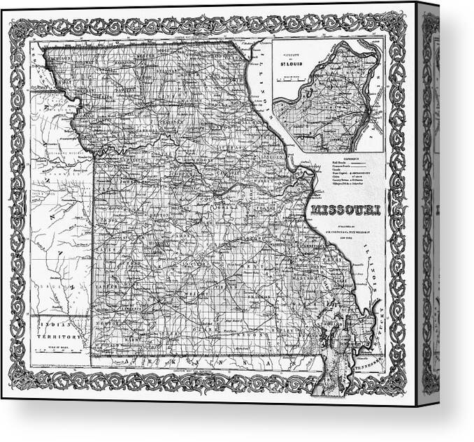 Missouri Canvas Print featuring the photograph Missouri Vintage Map 1855 Black and White by Carol Japp
