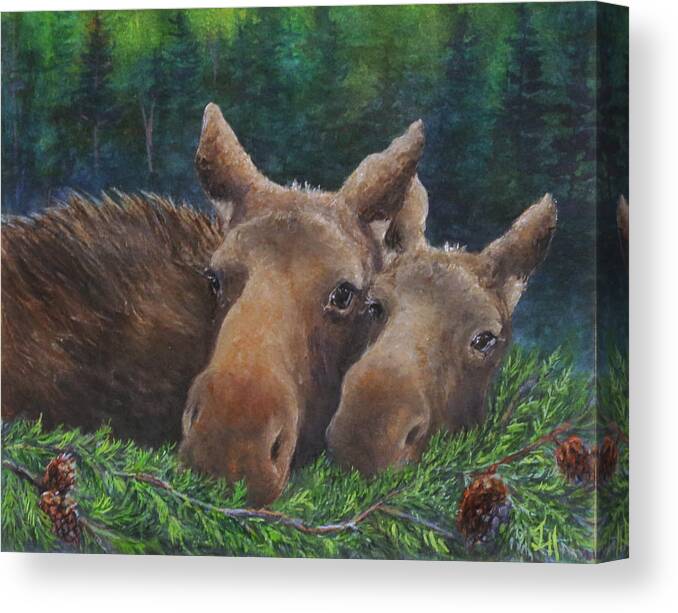 Moose And Baby Canvas Print featuring the painting Momma Moose by June Hunt