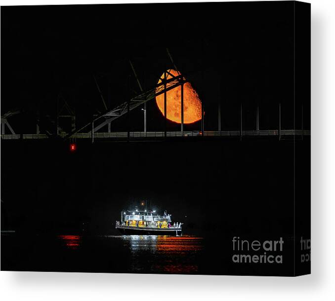 Bridge Canvas Print featuring the photograph Moonrise Over Fire Island Inlet by Sean Mills
